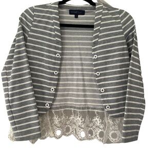 Girls Striped Gray Cardigan with Lace Hem
